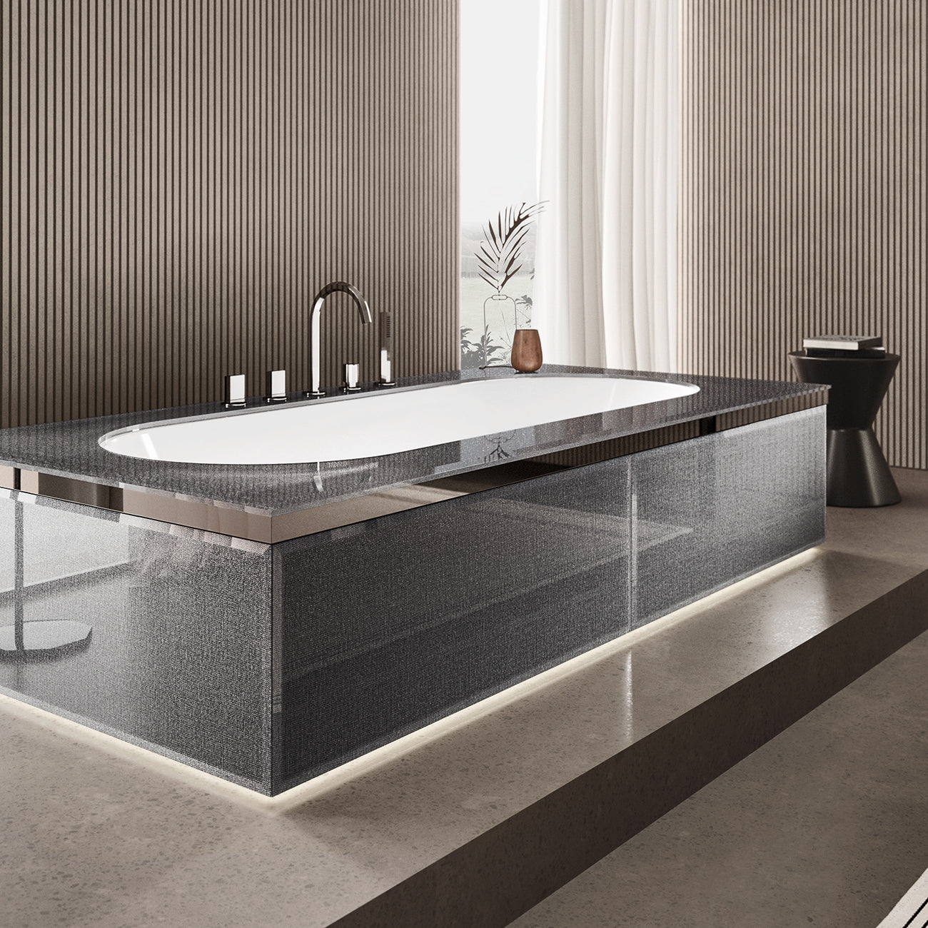 Das Luxusbadmöbel Set Hilton mit umkleideter Badewanne, extraklarem Twill-Smoke-Glas, LED-beleuchteten Spiegeln und Designer-Waschbecken. Genießen Sie ausgezeichnetes italienisches Interieurdesign in der Ausführung Grau. Extravagant, moderne Badezimmermöbel zum Verlieben.