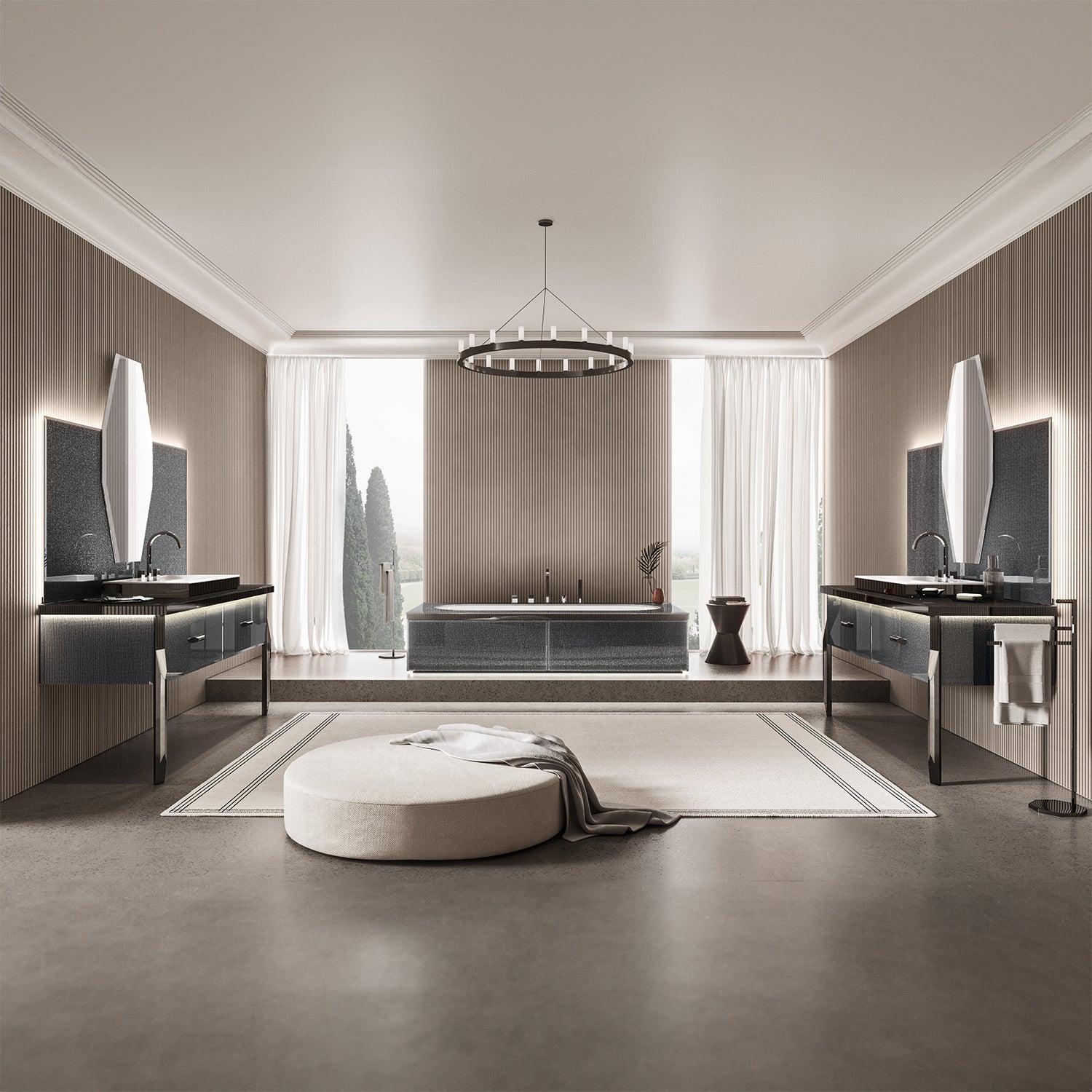 Das Luxusbadmöbel Set Hilton in der Doppelwaschbecken-Ausführung mit extraklarem Twill-Smoke-Glas, LED-beleuchteten Spiegeln und Designer-Waschbecken. Genießen Sie ausgezeichnetes italienisches Interieurdesign in der Ausführung Grau. Extravagant, moderne Badezimmermöbel zum Verlieben.