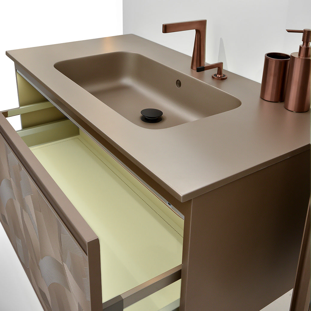 Arte Q · Bronze/Braun, modernes Designer-Badmöbelset mit Spiegel und Beischrank